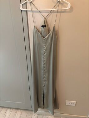 Zara NWOT Olive Satin Slip Dress with Pearl Buttons